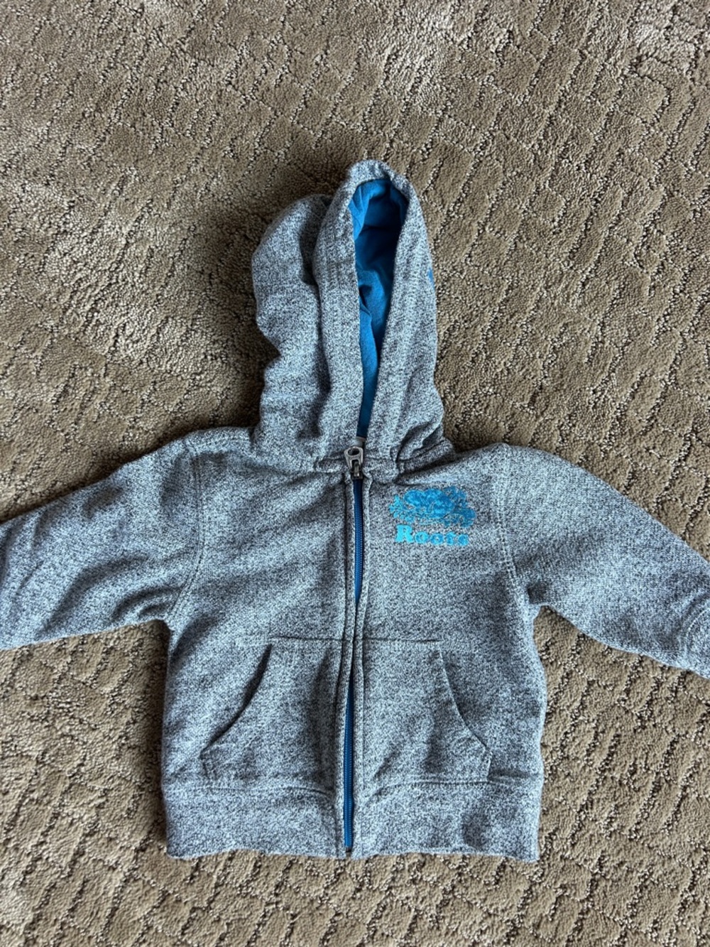 Roots Kids Heather Grey Zip Hoodie with Blue Lining 6-12 months